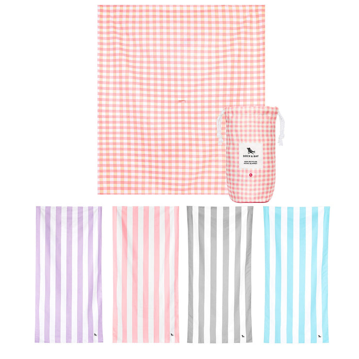 Dock & Bay Picnic Bundle - Pink Gingham Blanket  + 4 Cabana Towels - Set A